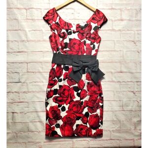 White House Black Market Dress Womens 6 Red Rose Floral Belted Bow Sheath Party